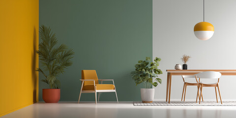 A minimal and modern home interior is shown, featuring both a living room and a dining room