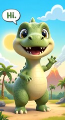 Naklejka premium Friendly Dinosaur Cartoon Character Waving Hello in a Sunny Landscape.