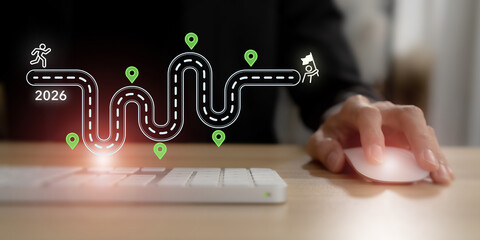 2026 success roadmap, business planning and development concept. Road map marked with milestones and a flag finish, symbolizing planning, digital growth and achieving 2026 goals.