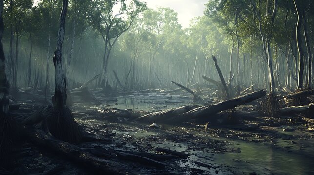 A mangrove forest being destroyed by illegal logging, with fallen trees and scattered debris