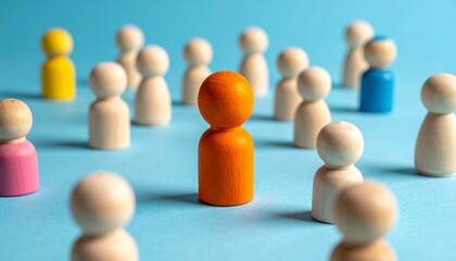 Wooden figurines on blue surface, one orange figure in foreground among natural wood and colorful others.