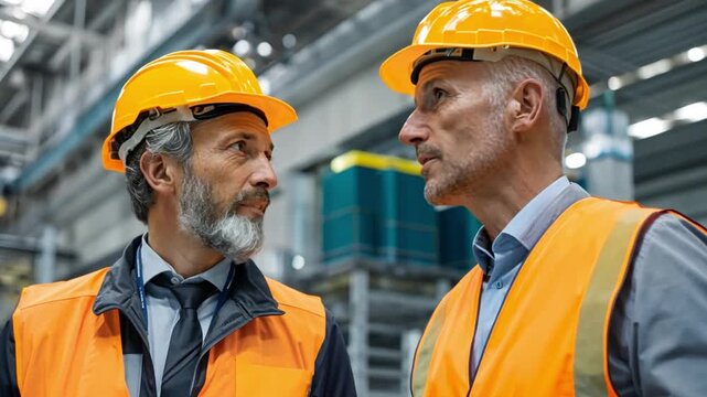 Factory Supervisors' Conclave: Two experienced supervisors, clad in protective gear, engage in a focused discussion on the factory floor, embodying expertise and teamwork.