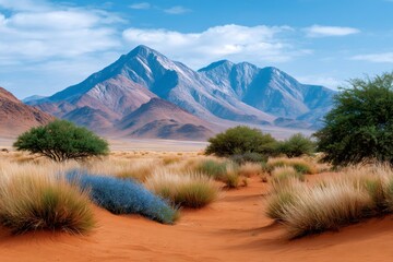 Namibe desert landscape featuring mountains, red sand, and sparse vegetation