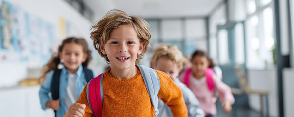 Enthusiastic children running down school hall with backpacks, beaming. Captures joy, education, youth. Use for backtoschool, childhood, or learning concepts.