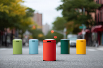 Obraz premium Colorful modern bollards on city street. Urban design, safety, traffic control. Vibrant, eyecatching, functional public art. Ideal for design, city planning, or safety concepts.