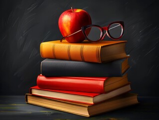 Stack of books with apple and glasses illustration