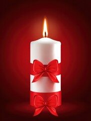 White candle with red stripes and two red bows lit against a dark red background christmas holiday