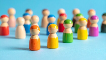 Wooden figurines on blue surface, one orange figure in foreground among natural wood and colorful others.