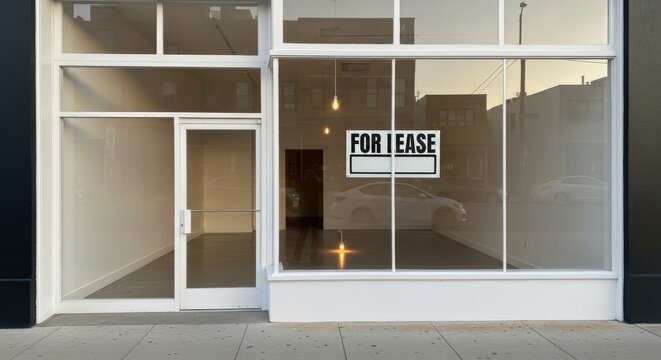 Empty storefront with a for lease sign in the window, ready for a new business or tenant
