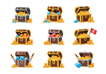 Collection of cartoon treasure chests overflowing with gold coins and jewels.