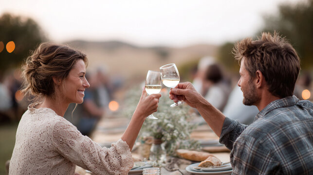 Romantic outdoor celebration. A couple toasts with white wine at a long table during a warm evening with friends. Celebratory, festive and perfect for lifestyle, events, and relationship themes.