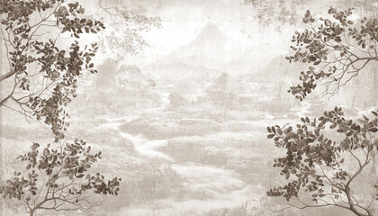 Jungle background in sepia. Ilustration for wallpaper. Mural.