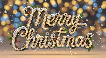 Golden sparkling 'Merry Christmas' text with festive pine branches, berries, and snowflakes against a backdrop of magical bokeh lights, creating a joyous holiday greeting