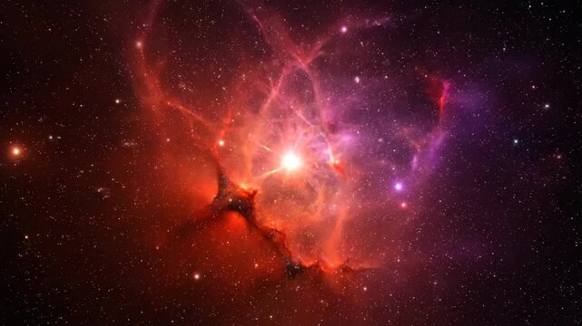 Abstract seamlessly looping video of a cosmic fire nebula, with swirling vibrant reds, oranges, and purples creating a deep space effect digital, effect, background