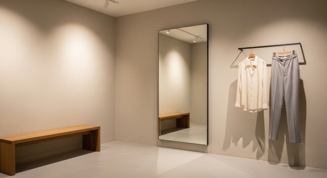 A minimalist dressing room with a wooden bench, a large mirror, and clothes hanging on a rack against the wall