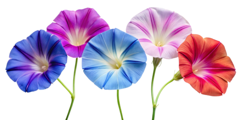 A vibrant collection of five morning glory flowers in various colors including blue, purple, pink, and red, all isolated on a clean transparent background