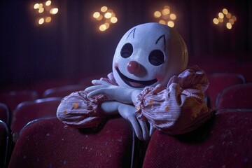 Creepy Clown Leaning on Theater Seat in Spotlight Close Up Looking at Camera Spooky Performance Art