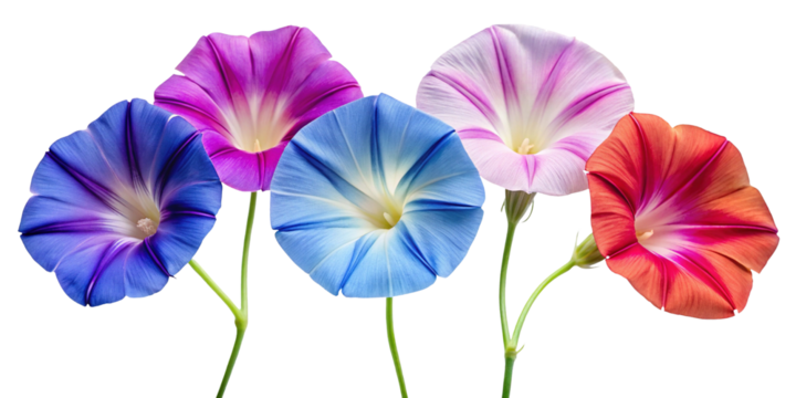 A vibrant collection of five morning glory flowers in various colors including blue, purple, pink, and red, all isolated on a clean transparent background
