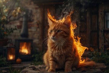 Obraz premium A cute ginger cat in a witch costume against the backdrop of a home environment and Halloween