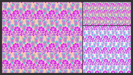 Ethnic Fabric Design with Purple Flowers and Turquoise Diamonds