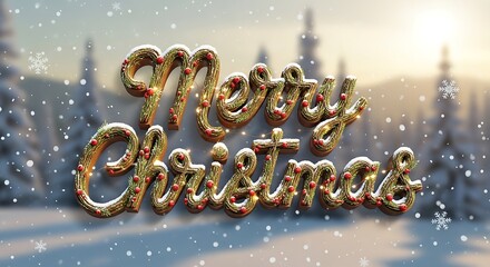 Festive 3D Merry Christmas text with bokeh and snowflakes, perfect for holiday greetings and winter celebrations