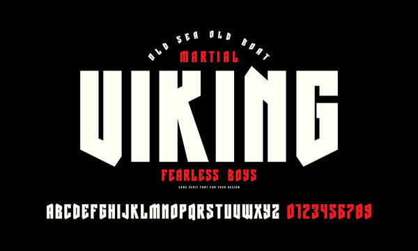 Decorative sans serif font in viking style. Letters and numbers for logo and emblem design. Color print on black background