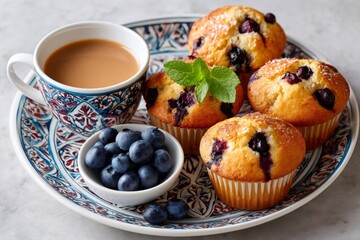 Blueberry muffins with coffee and fresh berries for breakfast