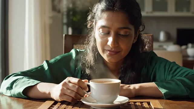 Woman smiling while enjoying the aroma and warmth of a mug in a quiet cafe