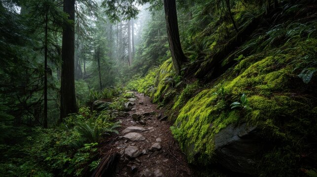 Hiking trail through lush temperate rainforest with mossy rocks and tall trees in Pacific Northwest