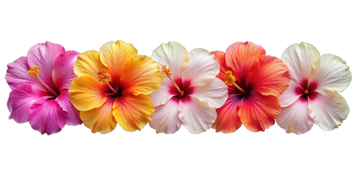 A vibrant row of five hibiscus flowers in various colors including pink, yellow, orange, red, and white, isolated on a transparent background - Powered by Adobe