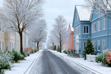 Snow covering trees and residential street in suburban neighborhood
