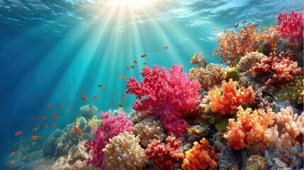 Fototapeta premium Vibrant Coral Reef Ecosystem with Sunlight Streaming Through Turquoise Water Underwater View