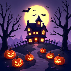 Halloween-themed illustration with a haunted house on a hill under a full moon, surrounded by jack-o'-lanterns and bats. The image is used for file uploading on a website.