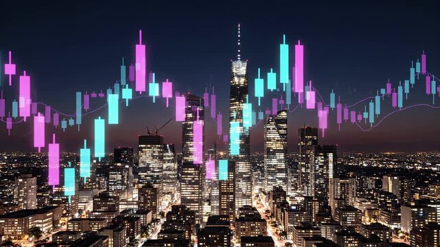 Urban cityscape at night with candlestick trading chart overlay. Financial market analysis, exchange data visualization, forex investment trends, business economy concept, corporate finance strategy