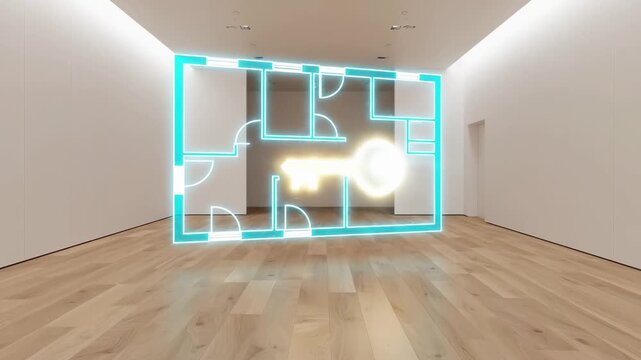 Empty apartment interior with glowing neon floorplan and key overlay. Real estate concept, property ownership, housing investment, residential architecture, home security, access solution, rental