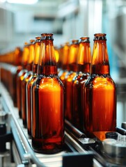 Beer bottles on conveyor belt in brewery, close-up shot, industrial setting, amber glass, production line, automated process, manufacturing plant, indoor