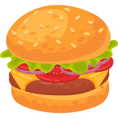 Pixel Art Hamburger With Sesame Seed Bun Melted Cheese Lettuce Tomato and Onion Isolated on Transparent Background