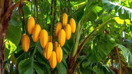 Bunch of Golden Banana Passionfruit Hanging from Tree in Tropical Garden Setting Close Up Low Angle View