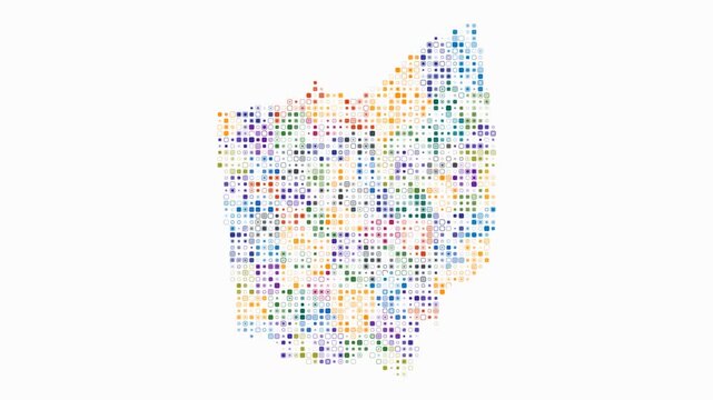 Ohio animated shape. Pulsating colored dots on the map of the state. Small size rounded square blocks. Digital style Ohio map on white background. Simple animation video.