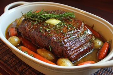 Close up of delicious pot roast with carrots and potatoes in baking dish food photography style