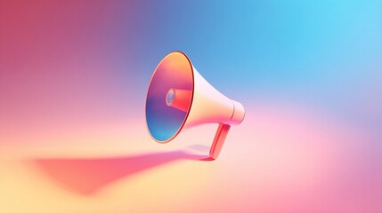 directional. Minimalist megaphone icon floating against an abstract gradient background in soft lighting. menu design, packaging mockups, designed for culinary blogs and recipe cards for restaurants.