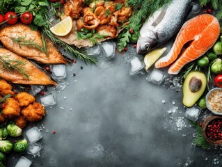 Overhead shot of assorted seafood delicacies and fresh produce on grey background with ice cubes for food photography
