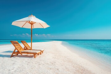 Fototapeta premium Tropical Beach Scene with Lounge Chairs and Umbrella in Maldives Paradise Vacation Getaway