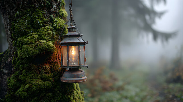 Old lantern glows on mossy tree in foggy forest vintage - Powered by Adobe