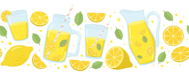 Horizontal border with lemonade drink, pitcher, glass, mint leaf, jar and lemon slices. Background with citrus beverage isolated on white.  © Olga Dykun