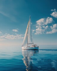 Naklejka premium White Sailboat Sailing on Calm Blue Ocean Water Under a Bright Sky with Clouds Nautical Adventure