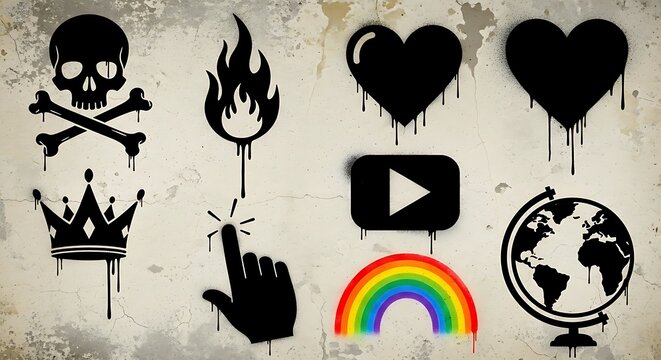 Spray Paint Icons - Skull, Flame, Hearts, Crown, Hand, Globe, Rainbow.