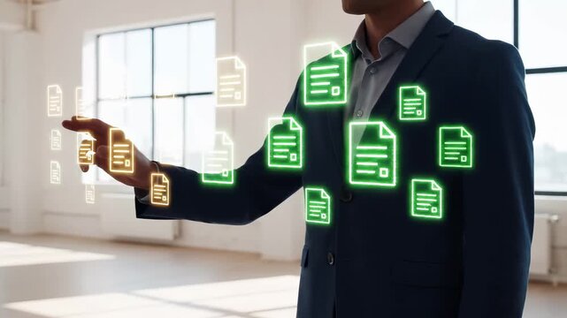 Business professional interacts with glowing green document icons in modern office. Digital management system, paperless workflow automation, electronic file organization, data storage technology.