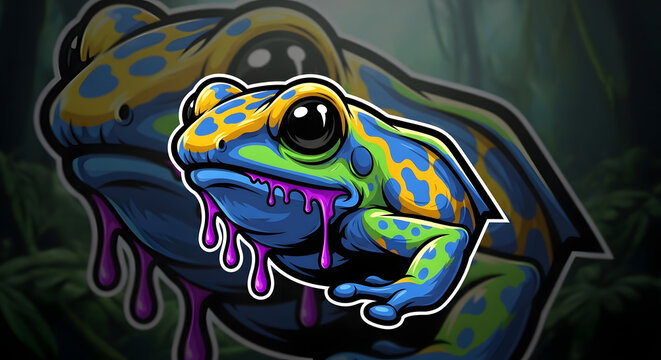 Vibrant cartoon poison dart frog with dripping purple slime, perfect for gaming logos and vibrant designs