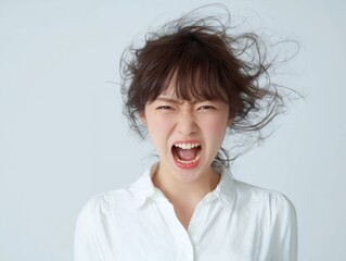 白いシャツを着た女性が怒りを爆発させて叫ぶ感情表現のポートレート写真